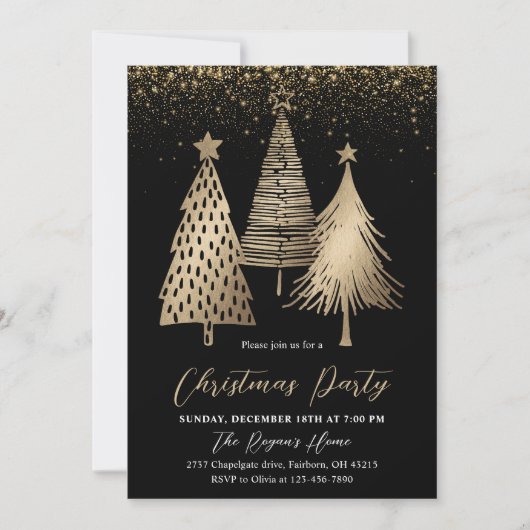 Eleganter Goldener Tree Glitzer Schnee Einladung (Vorderseite)