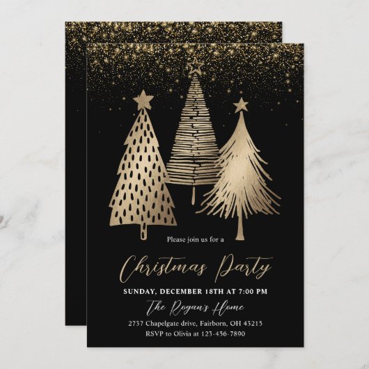 Eleganter Goldener Tree Glitzer Schnee Einladung (Vorne/Hinten)