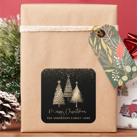 Eleganter Goldener Tree Glitzer Schnee Quadratischer Aufkleber (Feiertag)