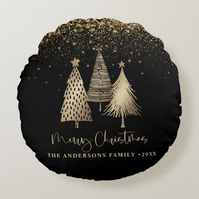 Eleganter Goldener Tree Glitzer Schnee Rundes Kissen (Vorderseite)
