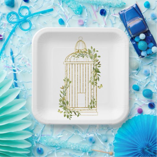 Eleganter goldener Vogelkäfig mit Foliage Paper Pl Pappteller (Party)