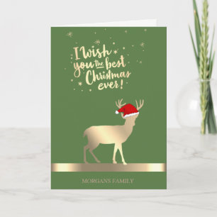 Eleganter goldener Weihnachts Hirsch ,Santa Hut,Fi Feiertagskarte