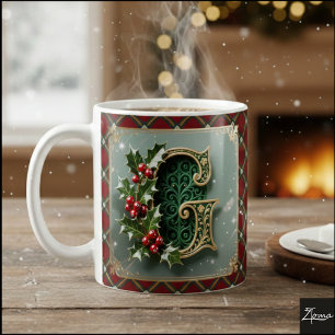 Eleganter goldener Weihnachts-Stechpalmen-Initialb Kaffeetasse