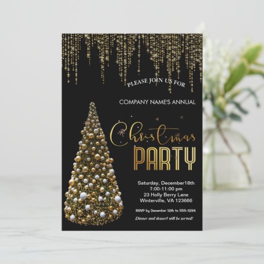 Eleganter goldener Weihnachtsbaum Einladung (Stehend Vorderseite)