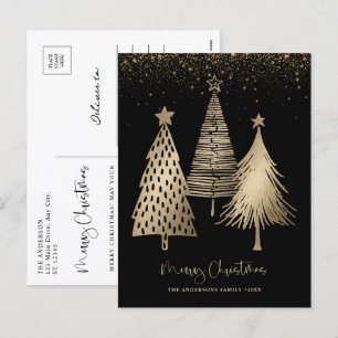 Eleganter goldener Weihnachtsbaum Glitter Schnee Feiertagspostkarte