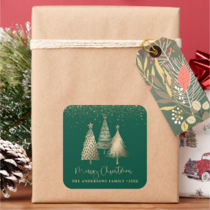 Eleganter goldener Weihnachtsbaum Glitter Schnee Quadratischer Aufkleber