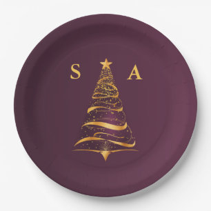 Eleganter goldener Weihnachtsbaum-Monogramm-Hochze Pappteller