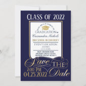 Eleganter, goldener, weißer und blauer Abschluss Einladung (Vorderseite)