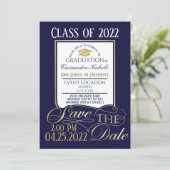 Eleganter, goldener, weißer und blauer Abschluss Einladung (Stehend Vorderseite)