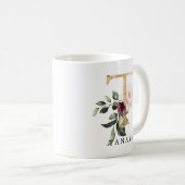 Eleganter goldfarbener Rosa Burgundy Blume Letter  Kaffeetasse (VorderseiteRechts)