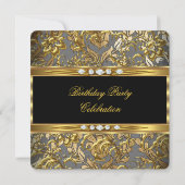 Eleganter Goldfilm Damask Black Diamond Geburtstag Einladung (Rückseite)