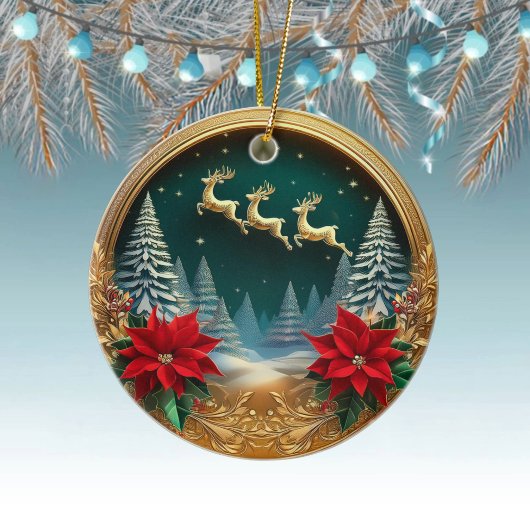 Eleganter Goldflieger, Poinsettias, Hirsche 🦌 Keramik Ornament