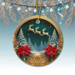 Eleganter Goldflieger, Poinsettias, Hirsche 🦌 Keramik Ornament