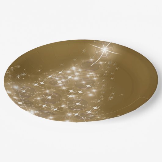 Eleganter goldgelber Weihnachtsbaum Pappteller (Schrägansicht)