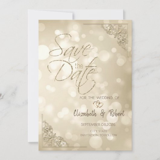 Eleganter Goldherzen-Rahmen-Bokeh Save The Date (Vorderseite)