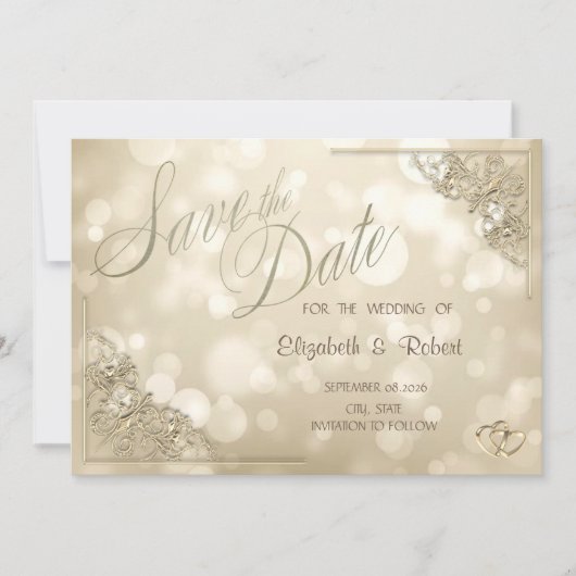 Eleganter Goldherzen-Rahmen-Bokeh Save The Date (Vorderseite)