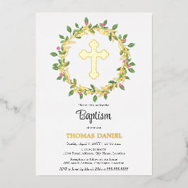 Eleganter Goldkreuz Taufe Blumenreath Folieneinladung
