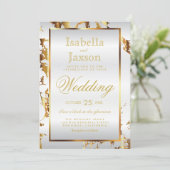 Eleganter Goldmarmor und weißer Satin Einladung (Stehend Vorderseite)