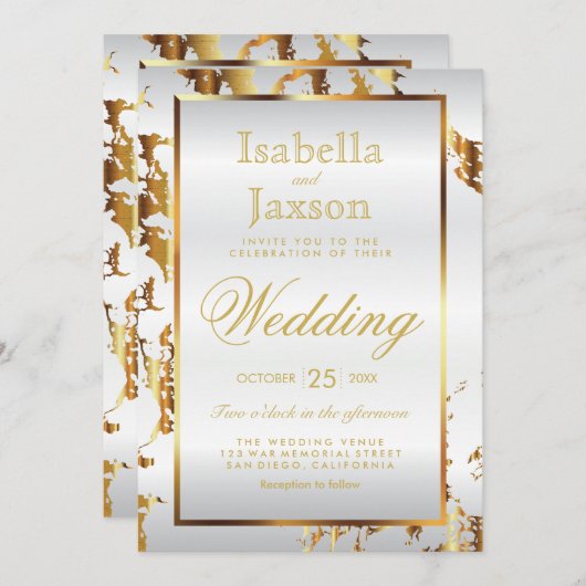 Eleganter Goldmarmor und weißer Satin Einladung (Vorne/Hinten)