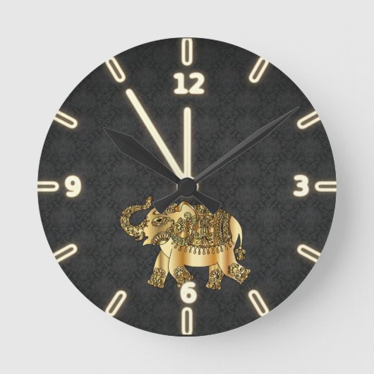 Eleganter Goldpaisley-Elefant, schwarzer Damast Runde Wanduhr (Vorderseite)