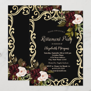 Eleganter Goldrahmen bordeauxrote Rosen schwarze R Einladung