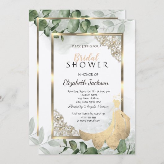 Eleganter Goldrahmen, Eukalyptus Dress Brautparty Einladung (Vorne/Hinten)