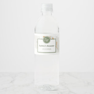 Eleganter Goldrahmen & Grünpflanzen Hochzeitsflori Wasserflaschenetikett
