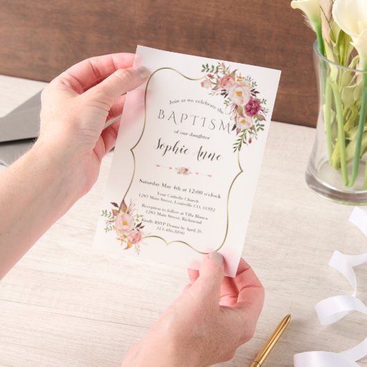 Eleganter Goldrahmen Rosa Blume Girl Taufe Pergament Einladungen (Handgehalten)