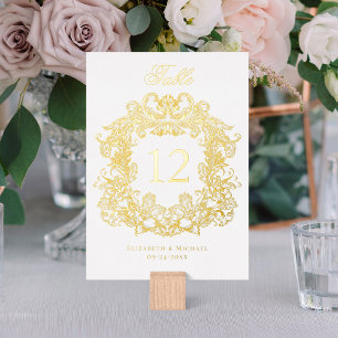 Eleganter Goldrahmen Vintage-Hochzeitstisch-Nummer Folieneinladung
