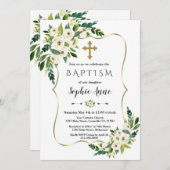 Eleganter Goldrahmen Weiße blühende Blume Taufe Einladung (Vorne/Hinten)