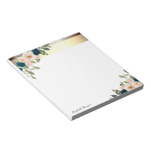 Eleganter Goldrand, blaue Blumen Notizblock (angewinkelt)