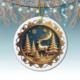 Eleganter Goldrausch, Hirsch, Weihnachtsschneefloc Keramik Ornament