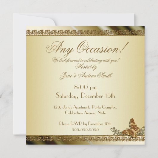 Eleganter Goldschmetterling bei jeder Gelegenheit Einladung (Rückseite)