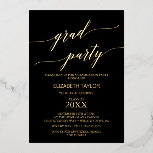 Eleganter Goldschmied | Black Graduation Party Folieneinladung (Vorderseite)