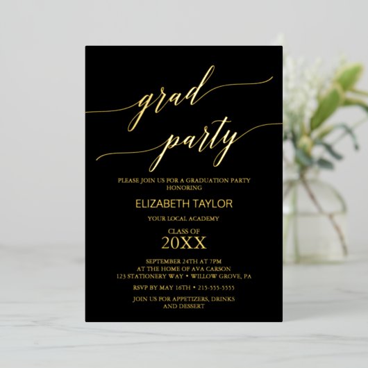 Eleganter Goldschmied | Black Graduation Party Folieneinladung (Stehend vorne)