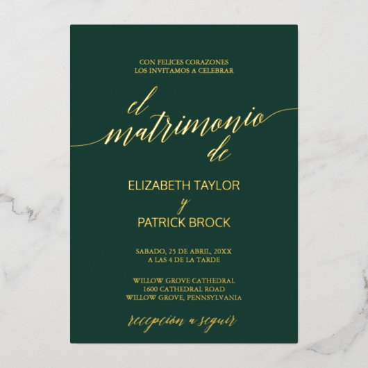 Eleganter Goldschmied | Emerald Green Spanish Wedd Folieneinladung (Vorderseite)