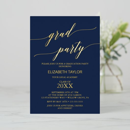 Eleganter Goldschmied | Navy Blue Graduation Party Folieneinladung (Stehend vorne)