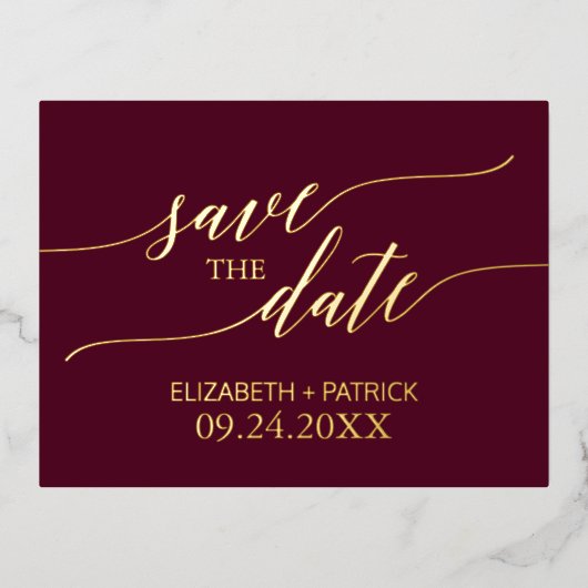Eleganter Goldschmied und Burgund Save the Date Folie Einladungspostkarte (Vorderseite)