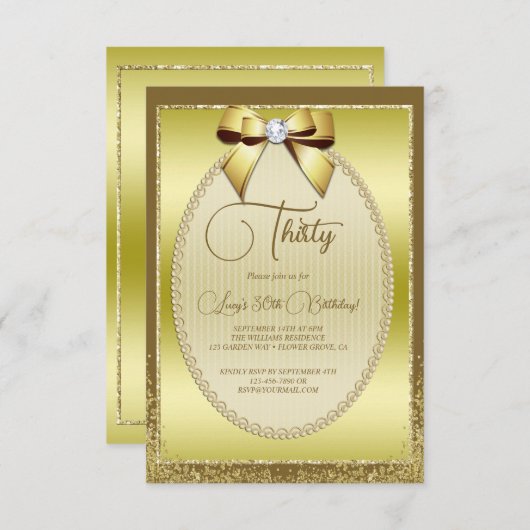 Eleganter Goldschmuck Bow & Glitzer Geburtstag Einladung (Vorne/Hinten)