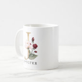 Eleganter Goldschneegel und Burgund Blume Letter J Kaffeetasse (Vorderseite Links)