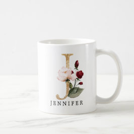 Eleganter Goldschneegel und Burgund Blume Letter J Kaffeetasse