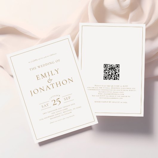 Eleganter Goldschrift-Line-QR-Code Hochzeit Einladung