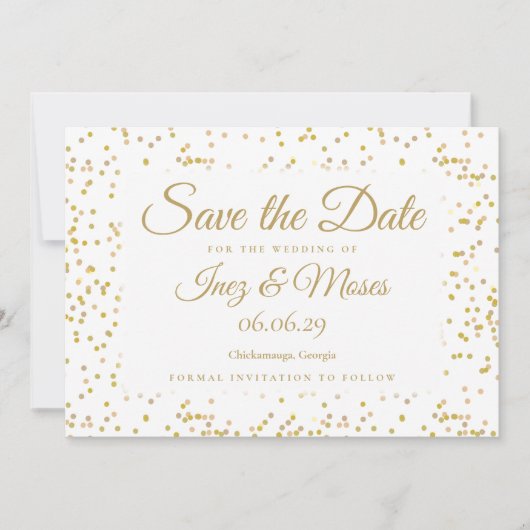 Eleganter Goldstaub-Konfetti-Chic-Script-Hochzeit Save The Date (Vorderseite)
