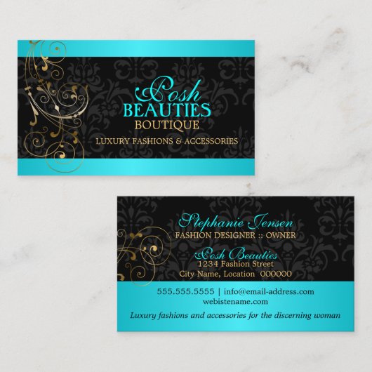 Eleganter GoldWirbel und schwarzer Damast Visitenkarte (Vorne/Hinten)