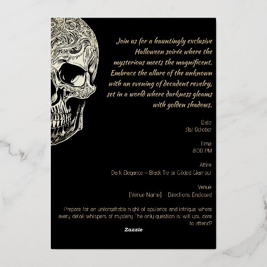 Eleganter Gothic Skull Halloween-Party Foil Folieneinladung (Rückseite)