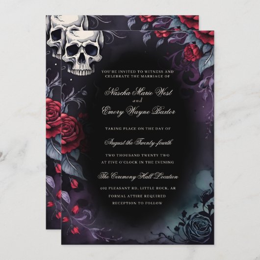Eleganter Gothic Skull & Rose Hochzeit Einladung (Vorne/Hinten)