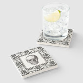 Eleganter gotischer Schwarz-Weiß-Schädel-Damast Steinuntersetzer (Seitenansicht)