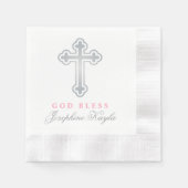 Eleganter Gott segne Silver Cross Taufe Rosa Name Serviette (Vorderseite)