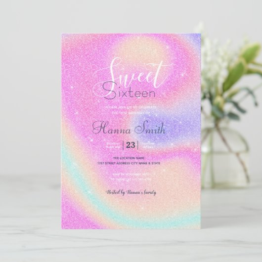 Eleganter Gradient Glitzer Swirl Holographic Einladung (Stehend Vorderseite)