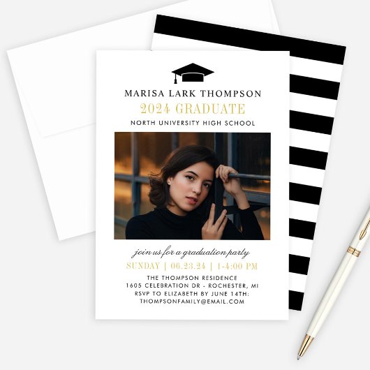 Eleganter Graduate Black and Gold Foto Abschluss Einladung